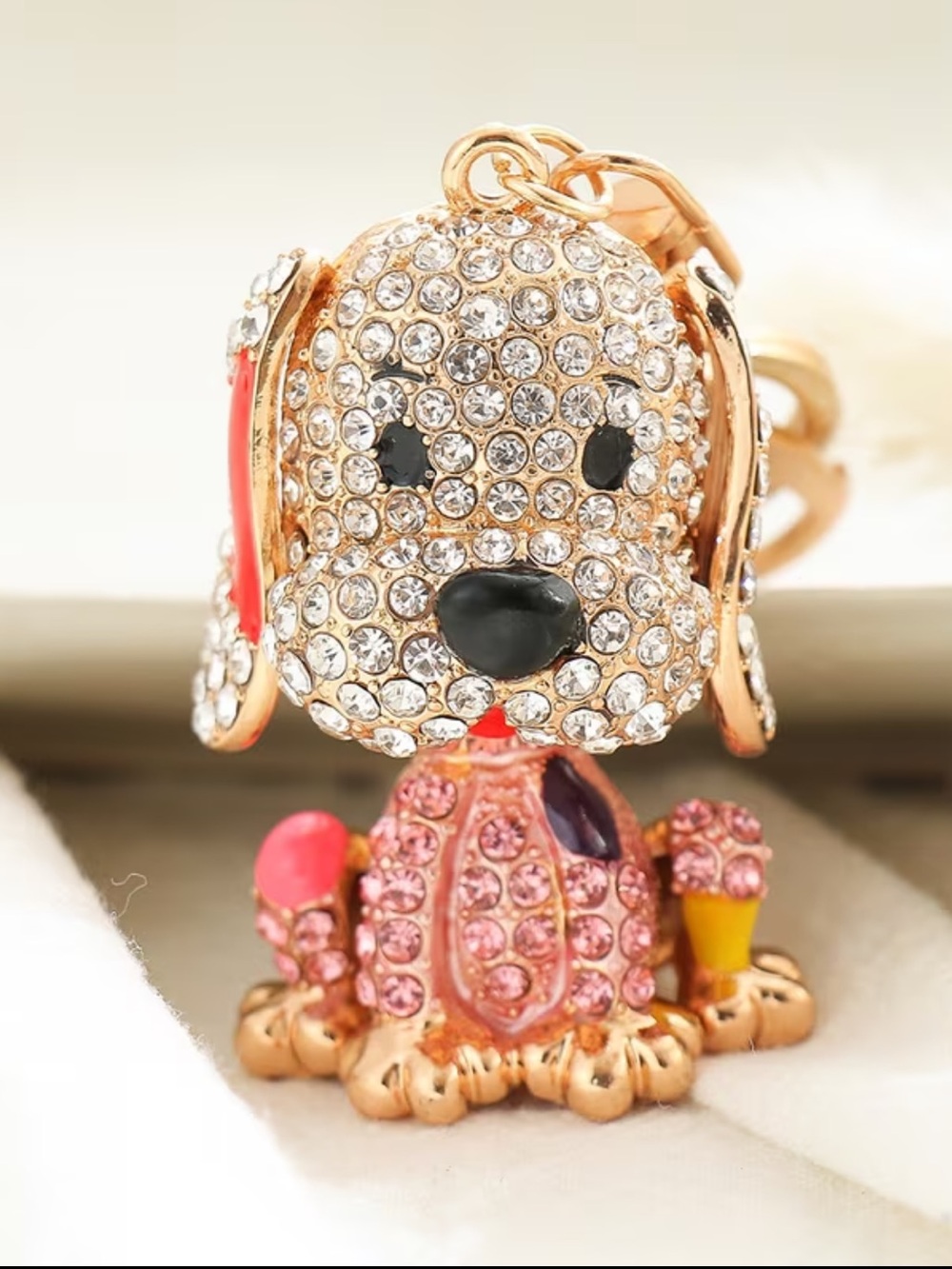 🐶 Puppy Dog Pink & White Rhinestone Crystal Bag Charm / Keychain Gold-Tone